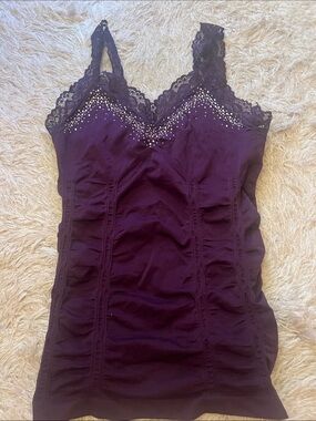 Women's Rouched Purple Lace-Trim Camisole with Rhinestone Detail